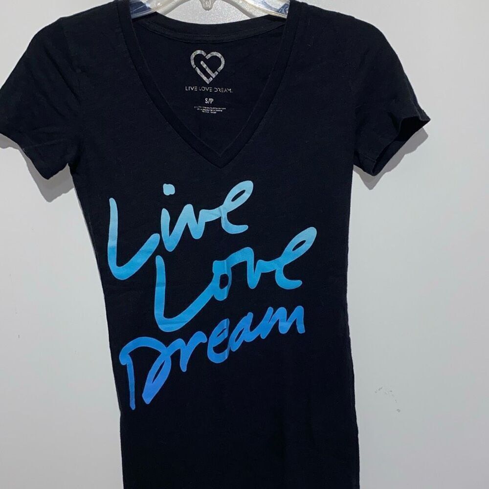 Live Love Dream Womens Black Blue Graphic V-Neck Short Sleeve T-Shirt Size Small